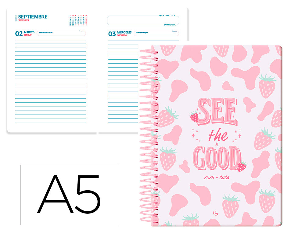 AGENDA ESCOLAR LIDERPAPEL 25-26 ESPIRAL PETITE FRESAS DIA PAGINA A5 BILINGE PAPEL FSC 80 GR