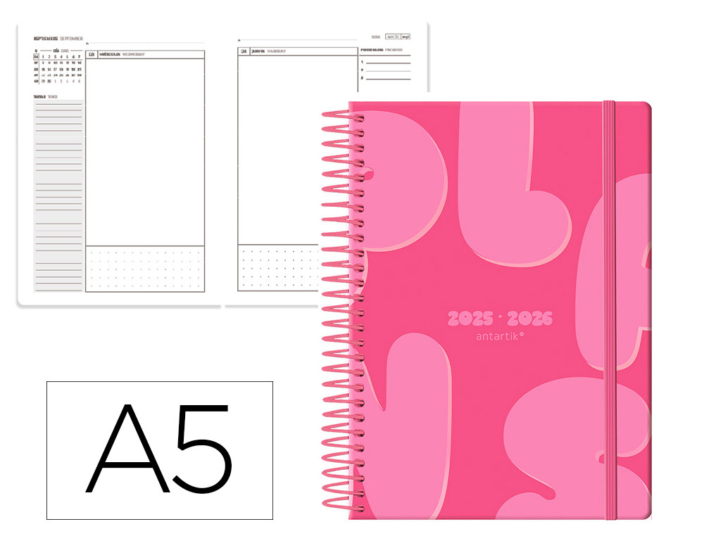 AGENDA ESCOLAR ANTARTIK 25-26 ESPIRAL PLANS ROSA FUCSIA DIA PAGINA A5 BILINGE PAPEL FSC 80 GR